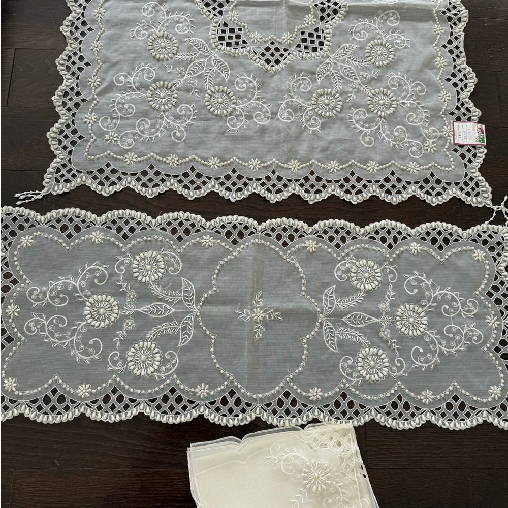 Vintage Hand-Embroidered White Lace Table Runner and Doily Set